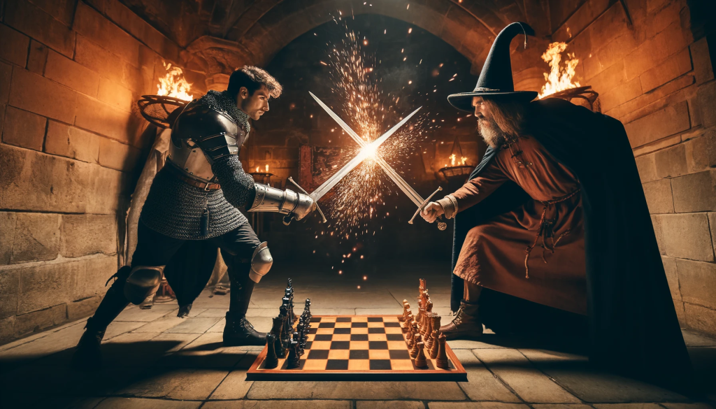 Dos jugadores de ajedrez luchando con espadas en un entorno medieval